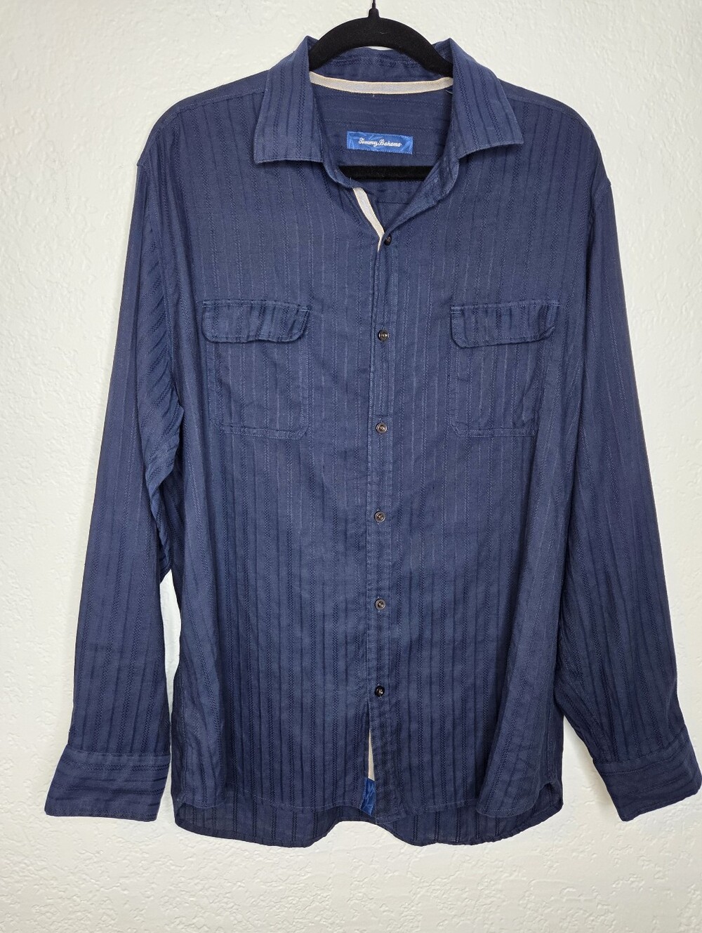 Tommy Bahama Dark Navy Blue Long Sleeve Shirt Sz Large Linen Cotton Button Down